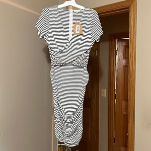 NWT Main Strip, womens black and white striped, wrap/body con dress. Size small.